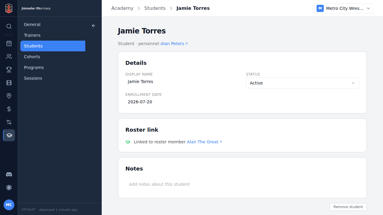 The newly enrolled student's detail page
