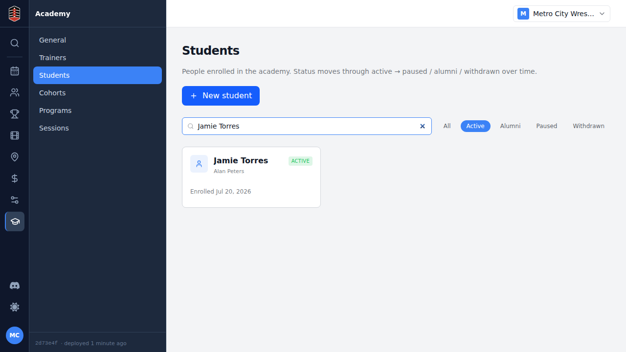 The Students list filtered to the newly enrolled student