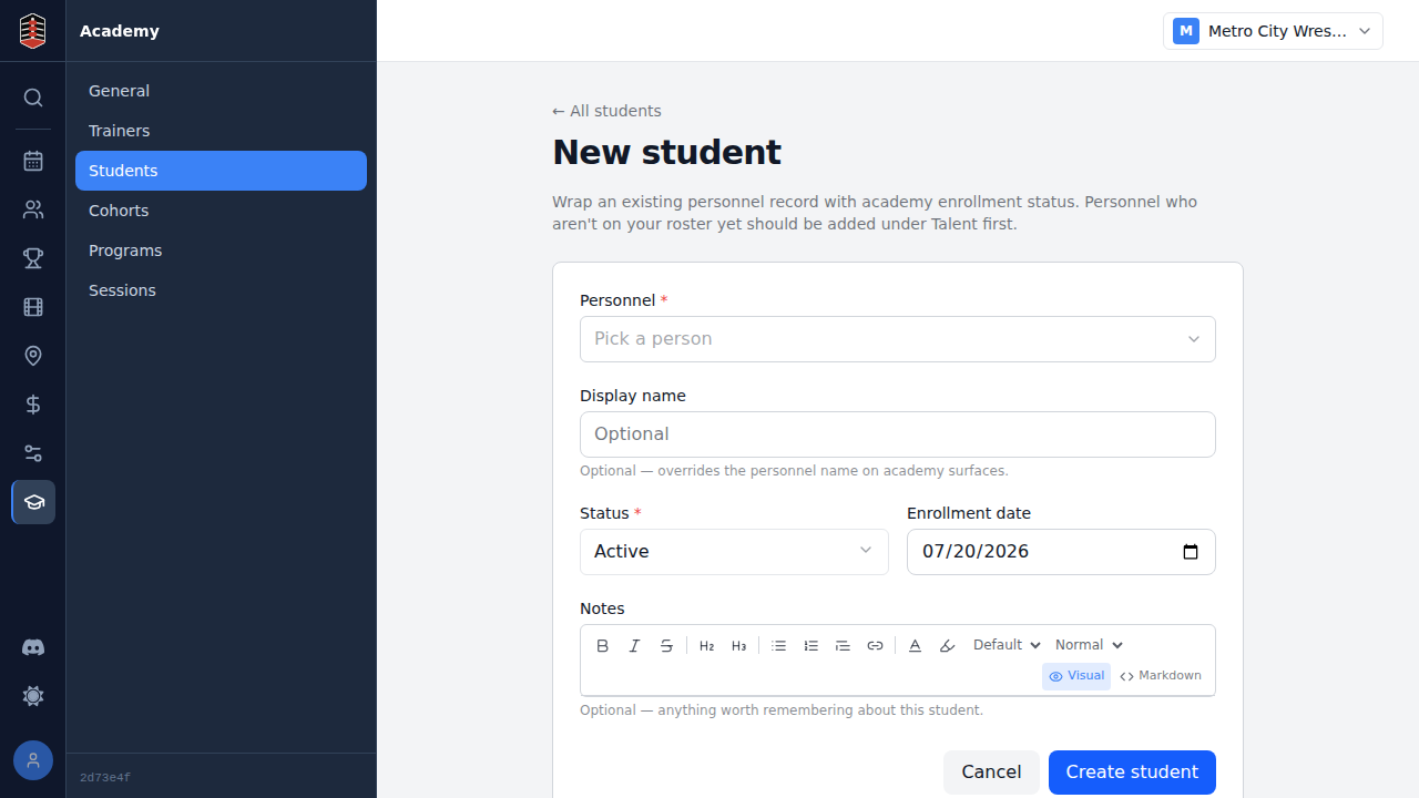 The New student form before a person is selected