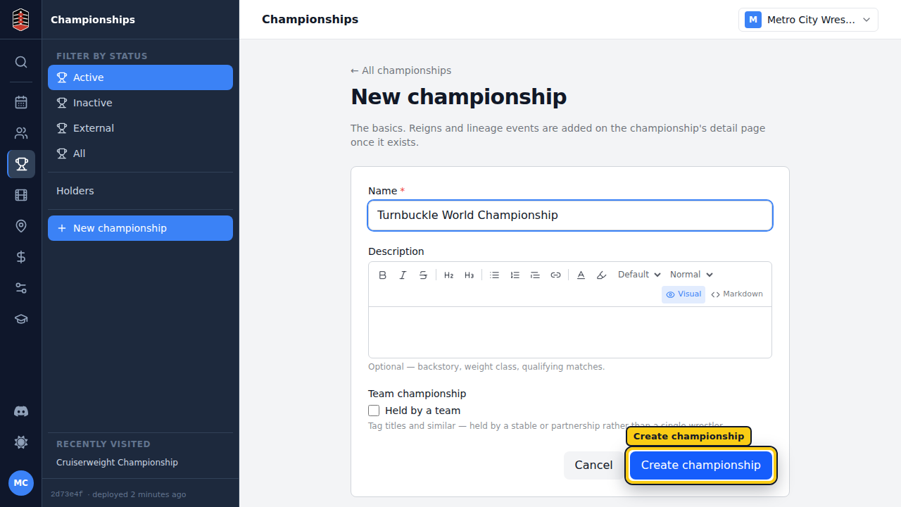 The New championship form with the title name filled in