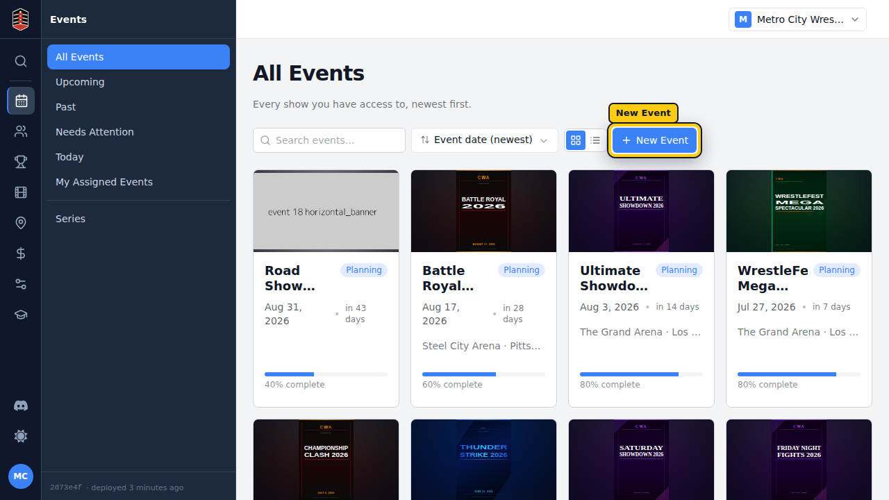 The All Events list, with event cards and the New Event button