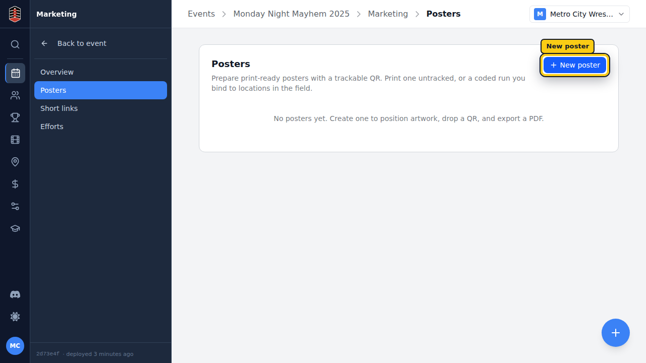 The event's Posters tab with the New poster action