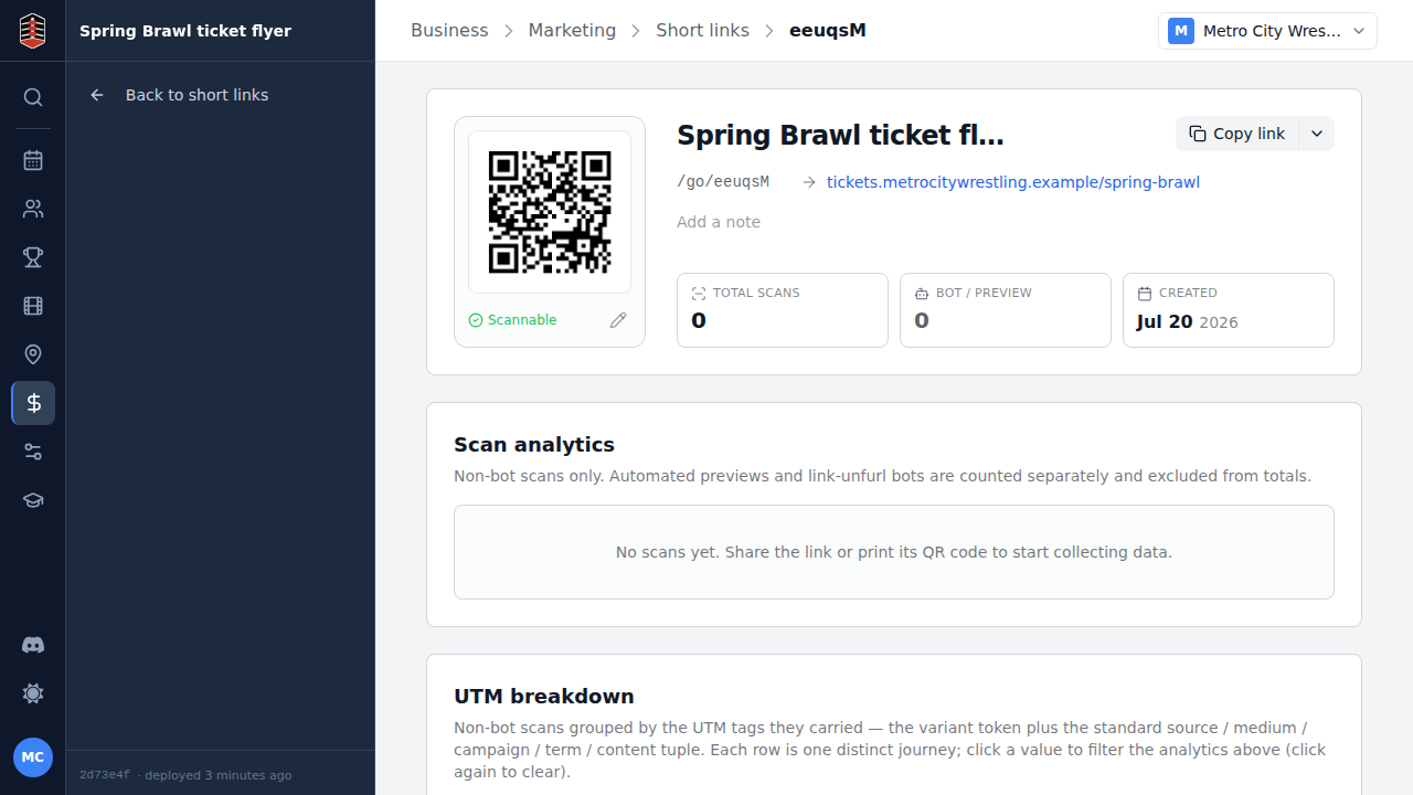 The created short link's detail with its QR code