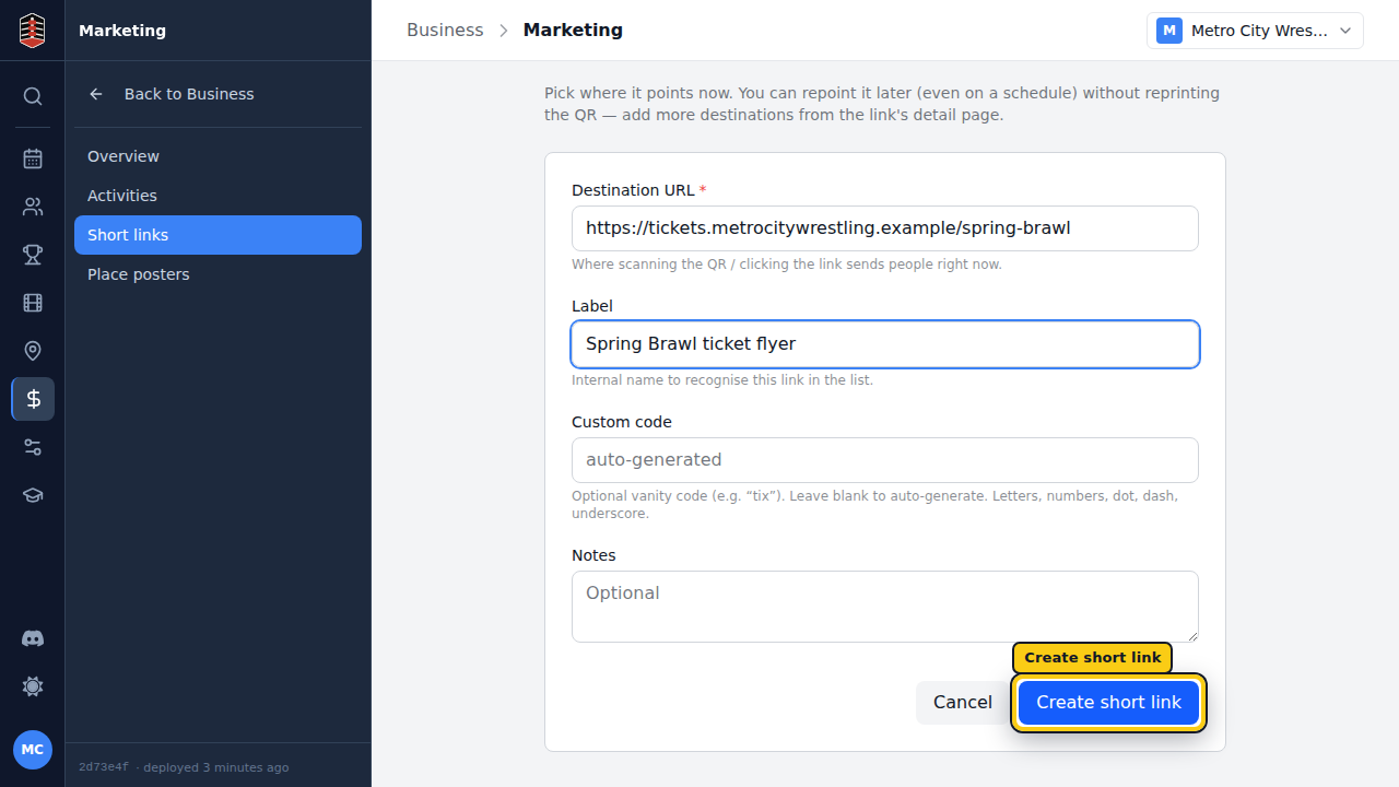 The New short link form filled with a destination and label