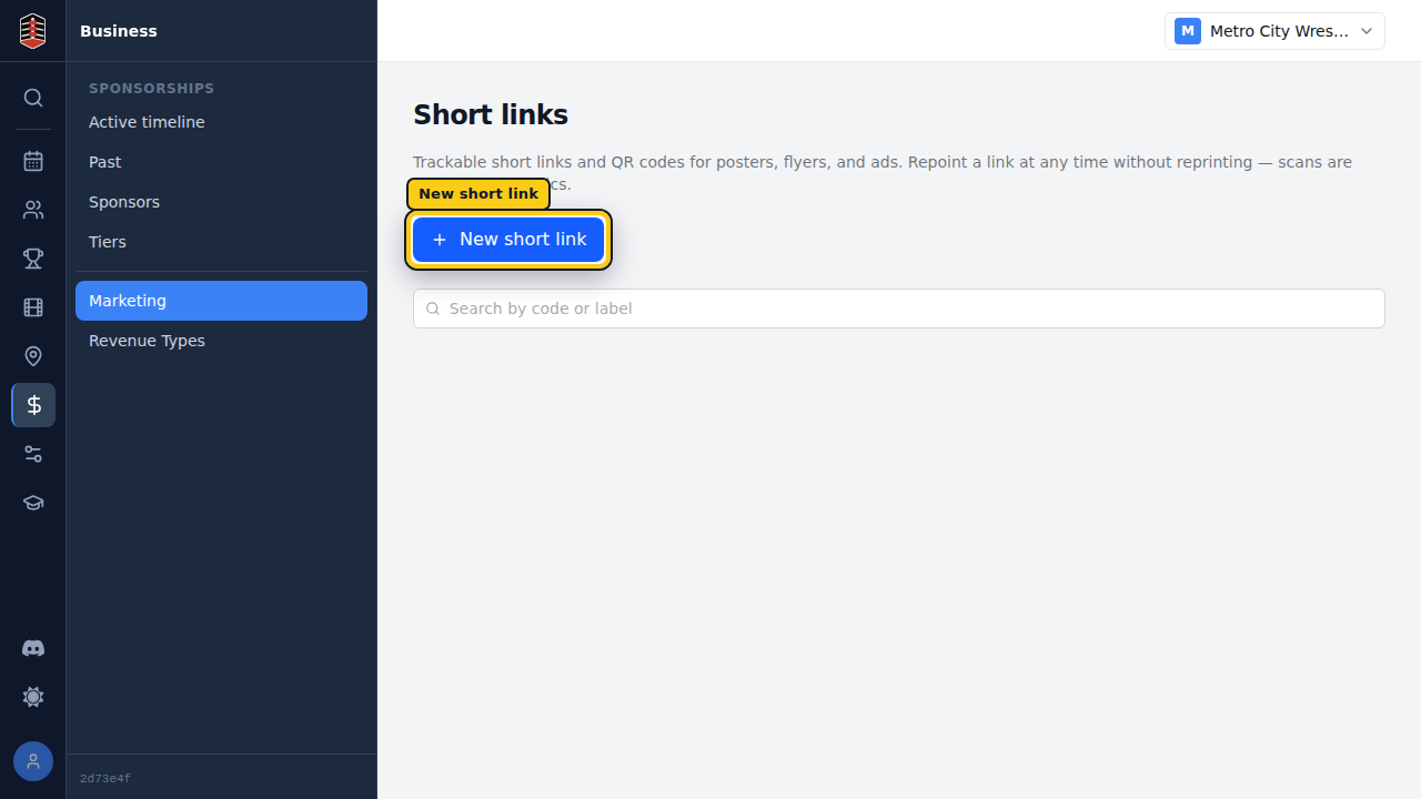 The Short links list with the New short link action