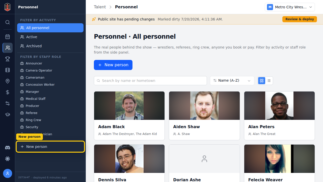 The Personnel list with the New person action
