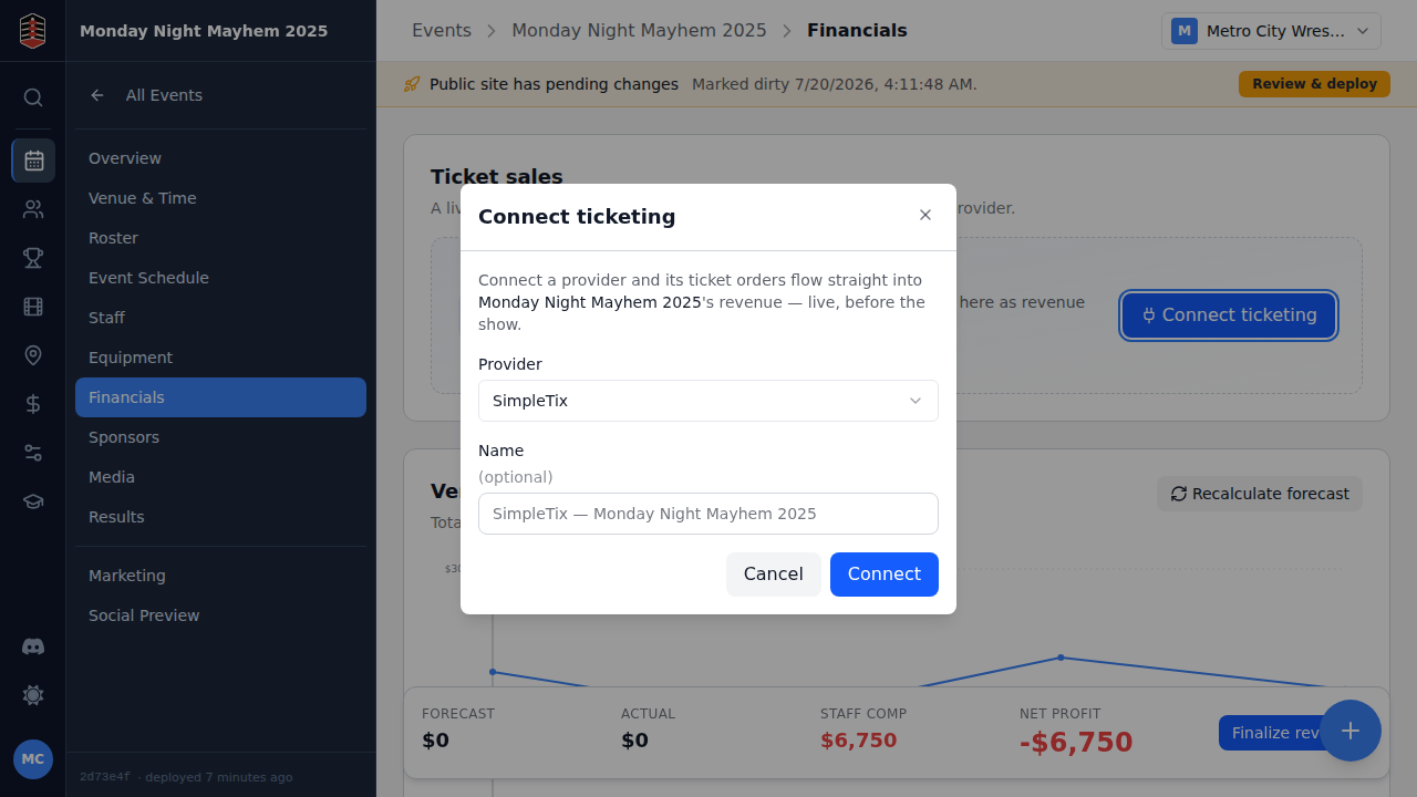 The Connect ticketing dialog